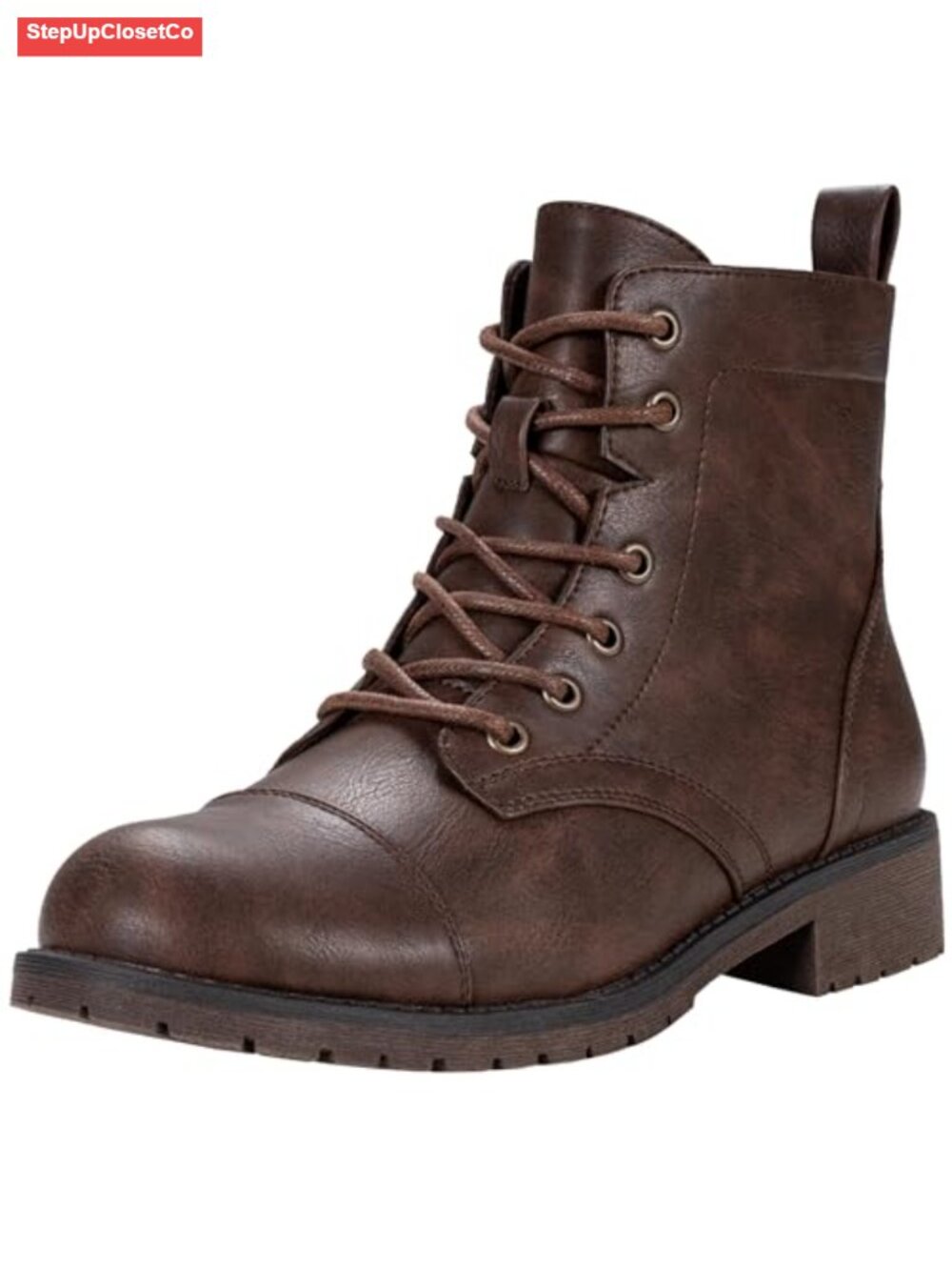 Women's Faux Leather Lace Up Combat Ankle Boots Low Block Heel